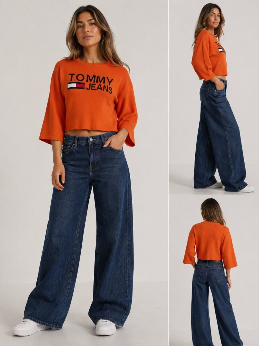 Tommy Jeans Cropped Logo Y2k Style Wide Sleeve Sweater Size Small